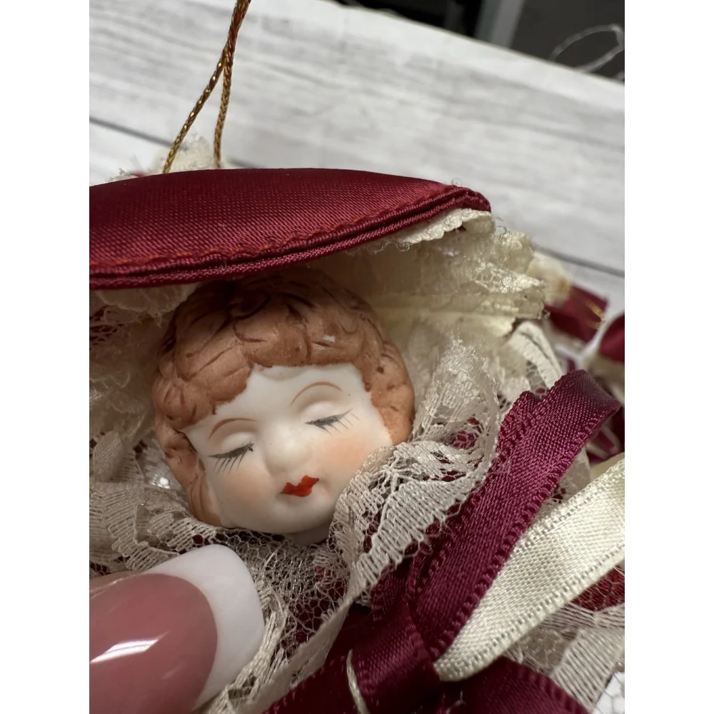 Vintage Porcelain Lot Of FIVE Victorian Doll Head Hanging Ornament 3” Christmas